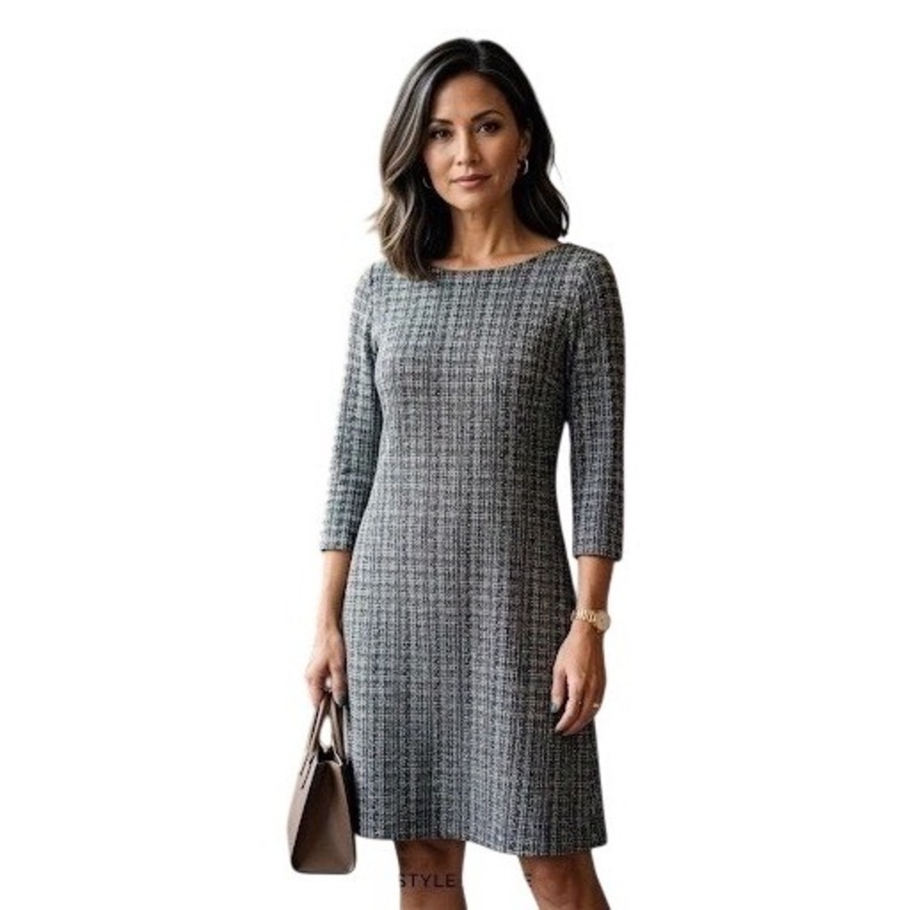 J. Jill Wearever Black White‎ Tweed Print 3/4 Sleeve Knit Dress Medium Petite
